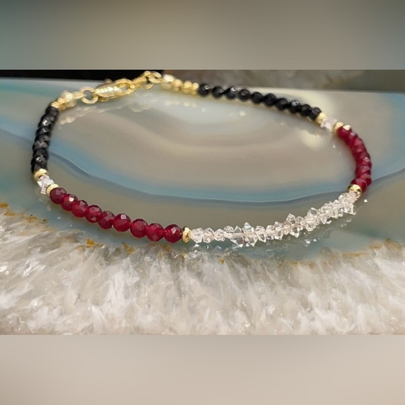 Herkimer Diamond,  Black Spinel, Ruby Bracelet 18kt Gold Vermeil Beads and Clasp - Picture 2 of 9